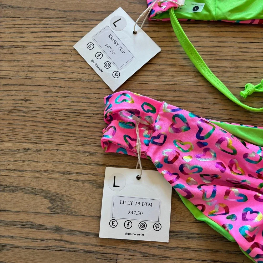 Unico Swim Krissy Top Lilly 2B Bottom Bikini Set Pink Green Heart Foil Large NWT